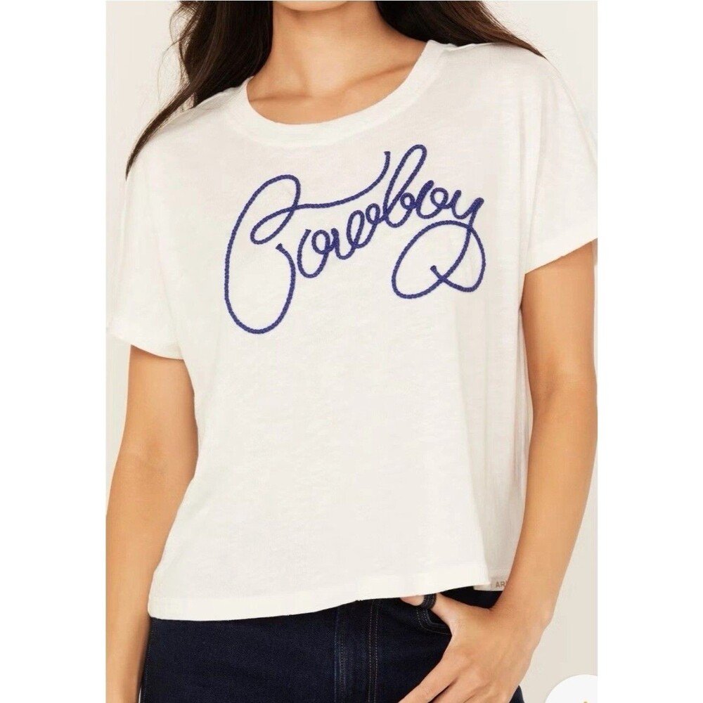 Ariat Cowboy Embroidery Boxy Crop Tee Womens Large Western Rodeo Top B21